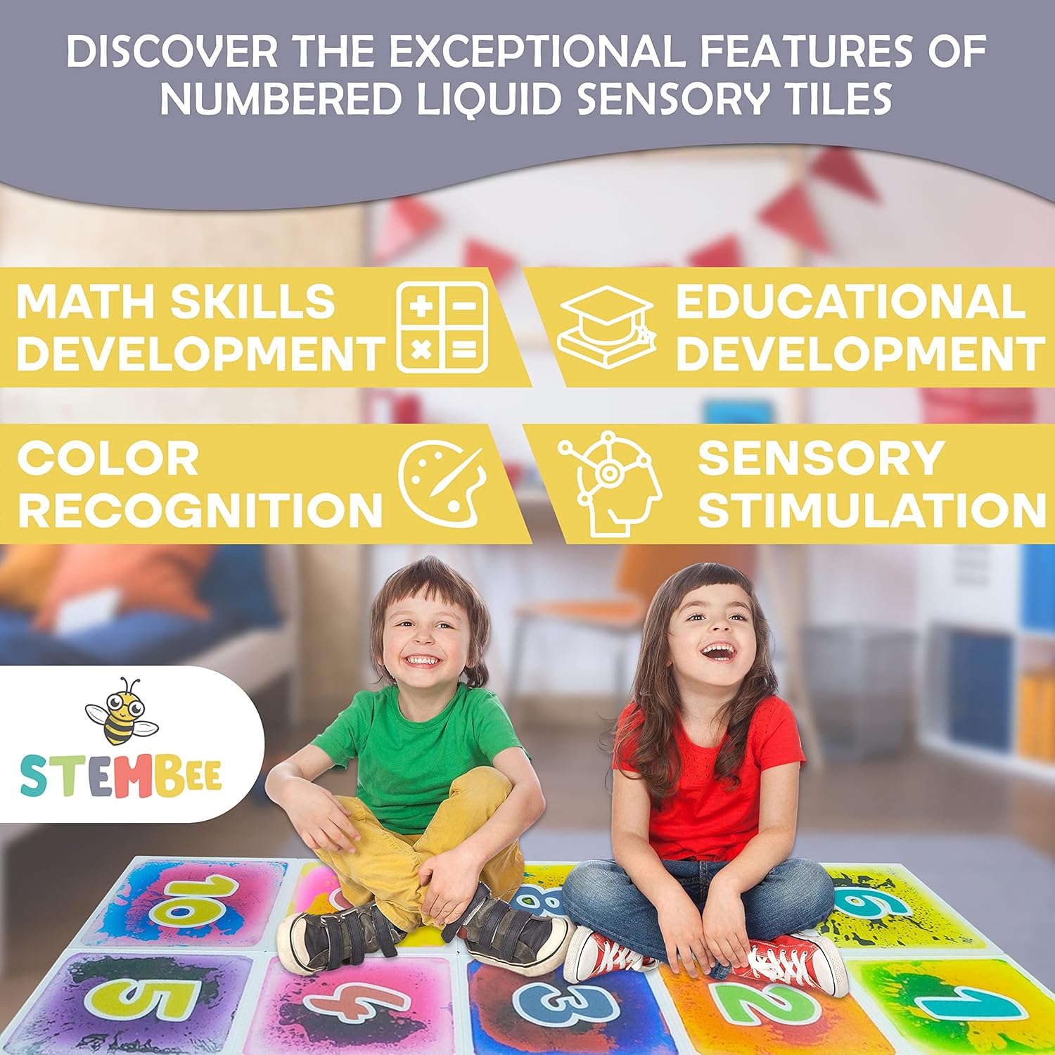 10-Pack Numbered Liquid Sensory Tiles, 12" x 12" Activity Play Mats for Toddlers Kids Boys Girls, Colorful Sensory Water Mat, Floor Activity Mat, Childhood Educational Toddler Learning Toys