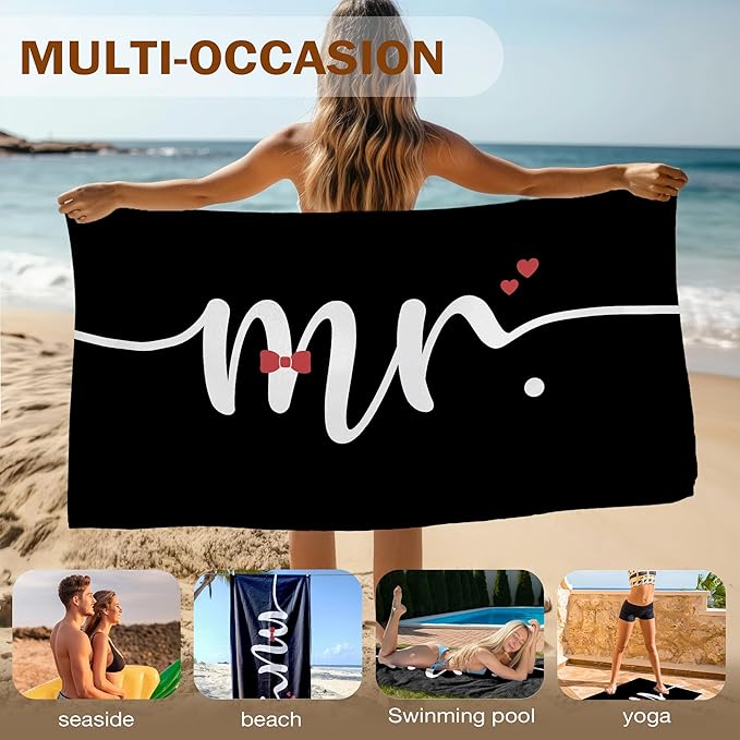 Black Mr Groom Beach Towel, Wedding Beach Party Pool Towels, Just Married Honeymoon Wedding Gifts Large Bath Travel Towels for Newlywed Couple, Honeymoon Mr and Mrs Groom Gifts, 30x60in