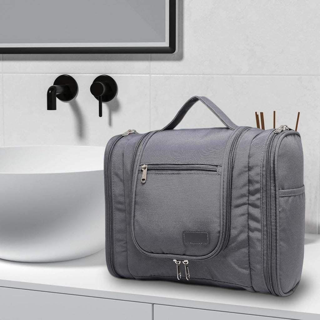Pearl Angeli Hanging Toiletry Bag for Women, Large Makeup Cosmetic Bag, Water Resistant Toiletries Travel Essentials Organizer, Full-size Container, Grey