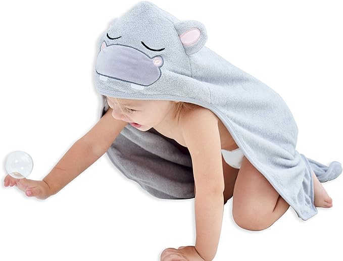 HIPHOP PANDA Hooded Towel - Rayon Made from Bamboo, Bath Towel with Bear Ears for Newborn, Babie, Toddler, Infant - Absorbent Large Baby Towel - Hippo, 37.5 x 37.5 Inch