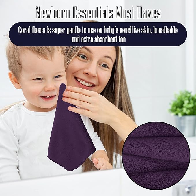 16 Pack Baby Washcloths - Luxury Coral Fleece - Extra Absorbent and Soft Wash Clothes for Newborns, Infants and Toddlers - Suitable for Sensitive Skin and New Born - Baby Shower - Plum, 10x10 Inch