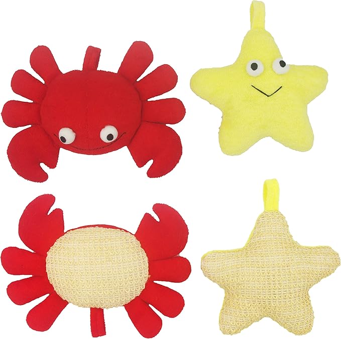 (2 Pack) Animal Body Scrubber Natural Linen Shower Ball for Toddler Kids Gentle Exfoliating Bath Sponge Loofah Pouf in Yellow Starfish Red Crab with Cute Big Eyes Design