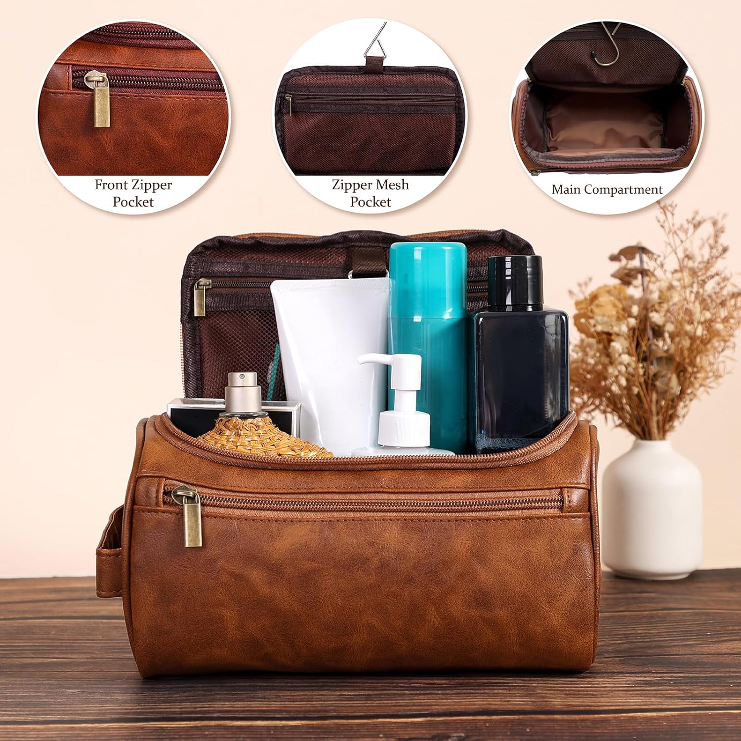 Toiletry Bag for Men, Hanging Travel Shaving Dopp Kit for Men and Women, Water-resistant Toiletries Organizer Bags, PU Leather Cosmetic Bags for Makeup Accessories (Dark Brown)