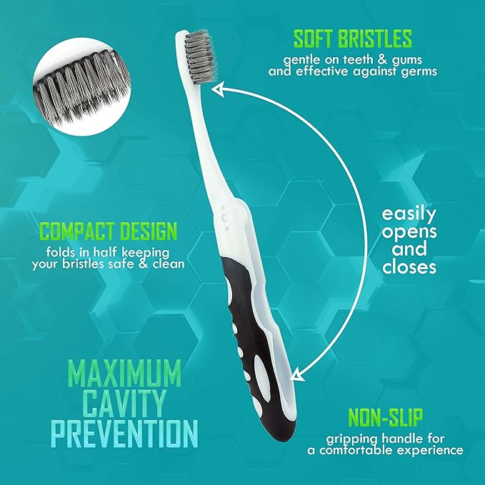 Lingito Folding Toothbrush, Built-in Cover, Travel Size for Hiking, Camping, Traveling, Collapsible Toothbrush Kit (3 Pack Soft-Charcoal)