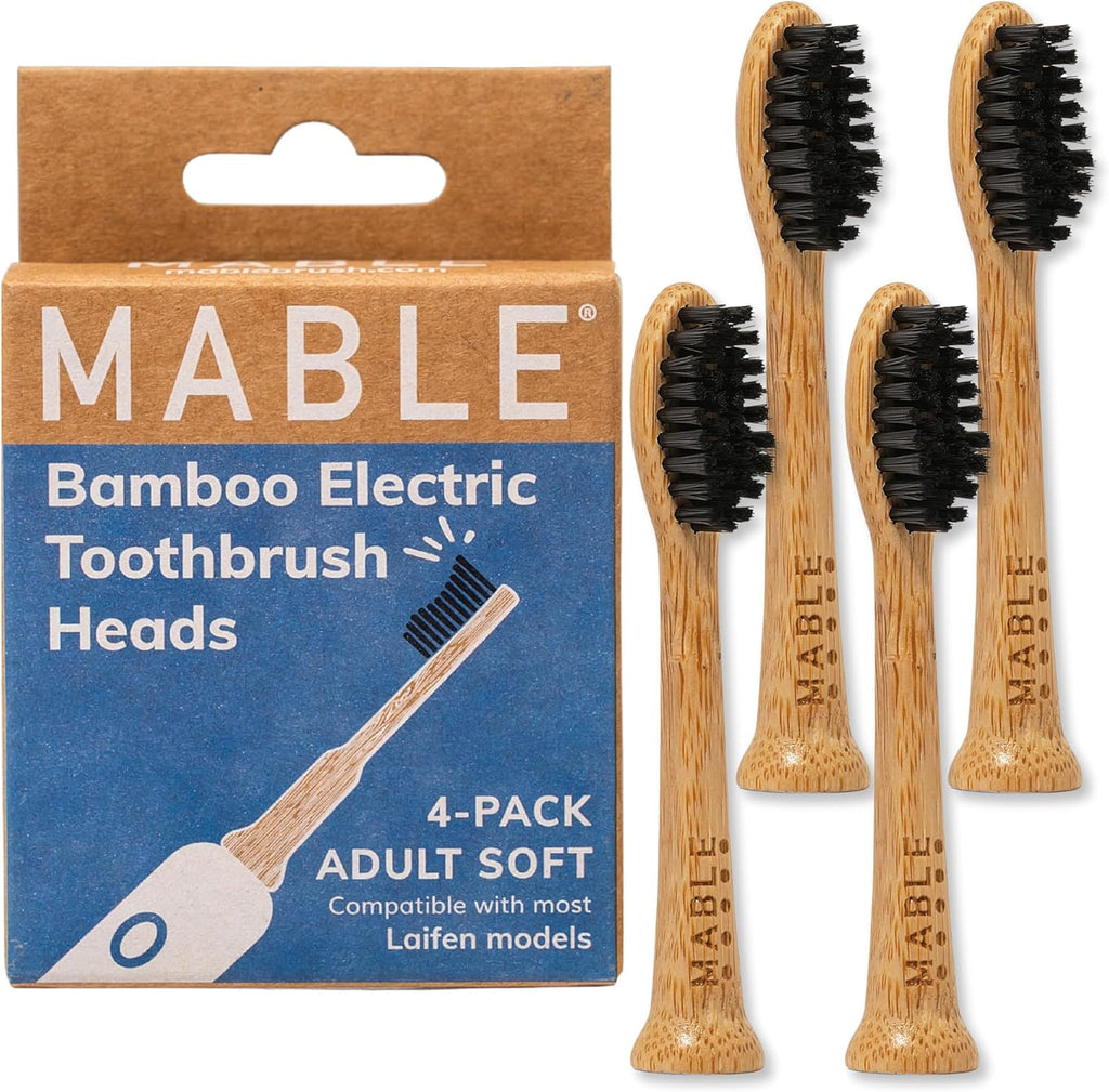 Bamboo Electric Toothbrush Heads | Compatible with Laifen Electric Toothbrush | 4 Brush Heads with Soft Bristles | Plant-Based Adult Size Replacement Heads
