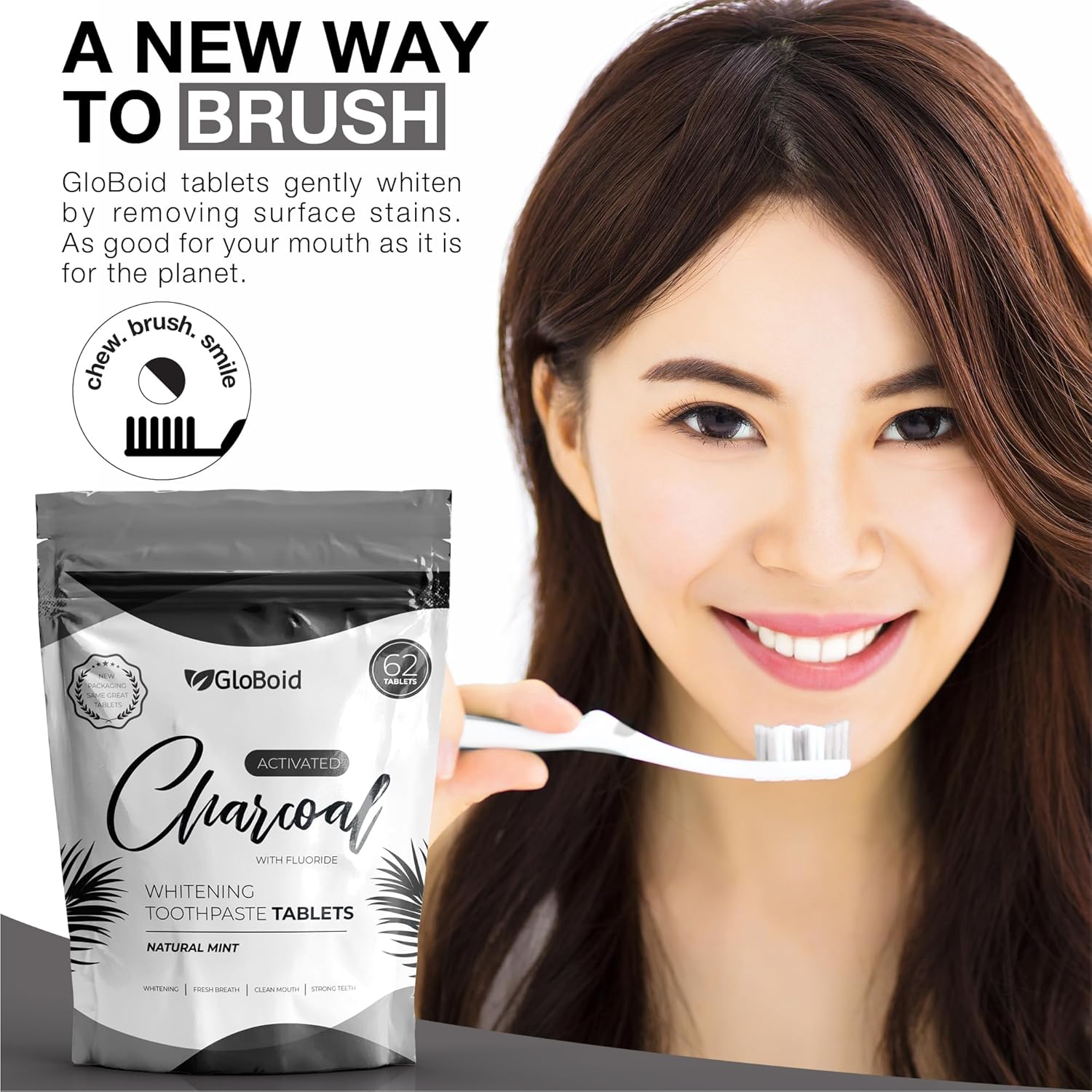 GloBoid Charcoal Toothpaste Tablets with Fluoride, Zero Waste Toothpaste Bits, Eco Friendly Toothpaste Tabs, Plastic Free Toothpaste Bites - 1 Month Supply - 62 Count - Mint