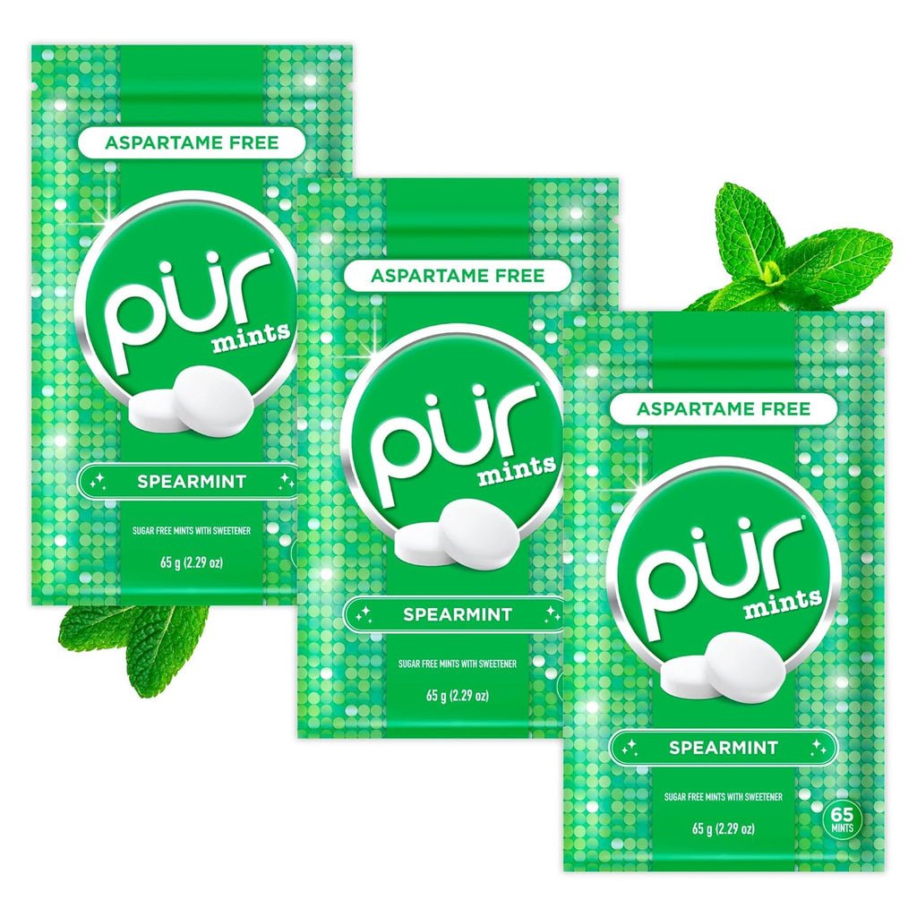 PUR Mints | Aspartame Free Breath Mints | Made with Xylitol | Sugar Free, Vegan, Gluten Free | Natural Spearmint Flavor | 65 Pieces in Re-Sealable pouch (Pack of 3)