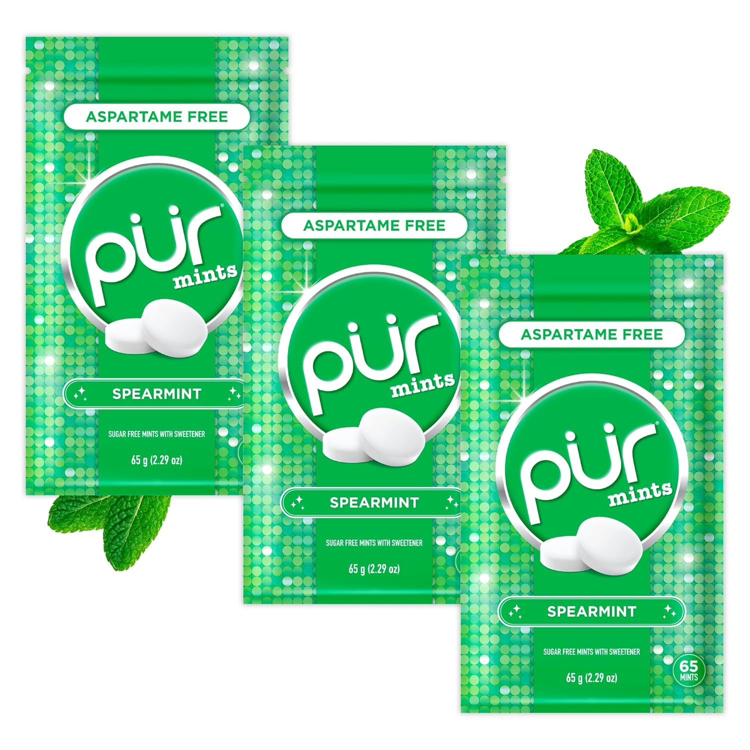 PUR Mints | Aspartame Free Breath Mints | Made with Xylitol | Sugar Free, Vegan, Gluten Free | Natural Spearmint Flavor | 65 Pieces in Re-Sealable pouch (Pack of 3)