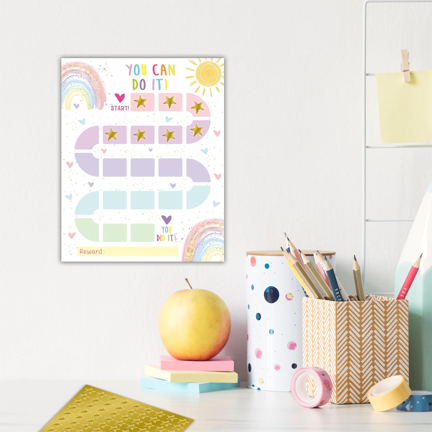 10 Reward Chart with 206 Golden Star Stickers-Boho Rainbow Theme -Incentive Chart,Positive Behavior Reward Chart for Kids,Toddler Homework Assignments, Attendance(8"X10")-A03