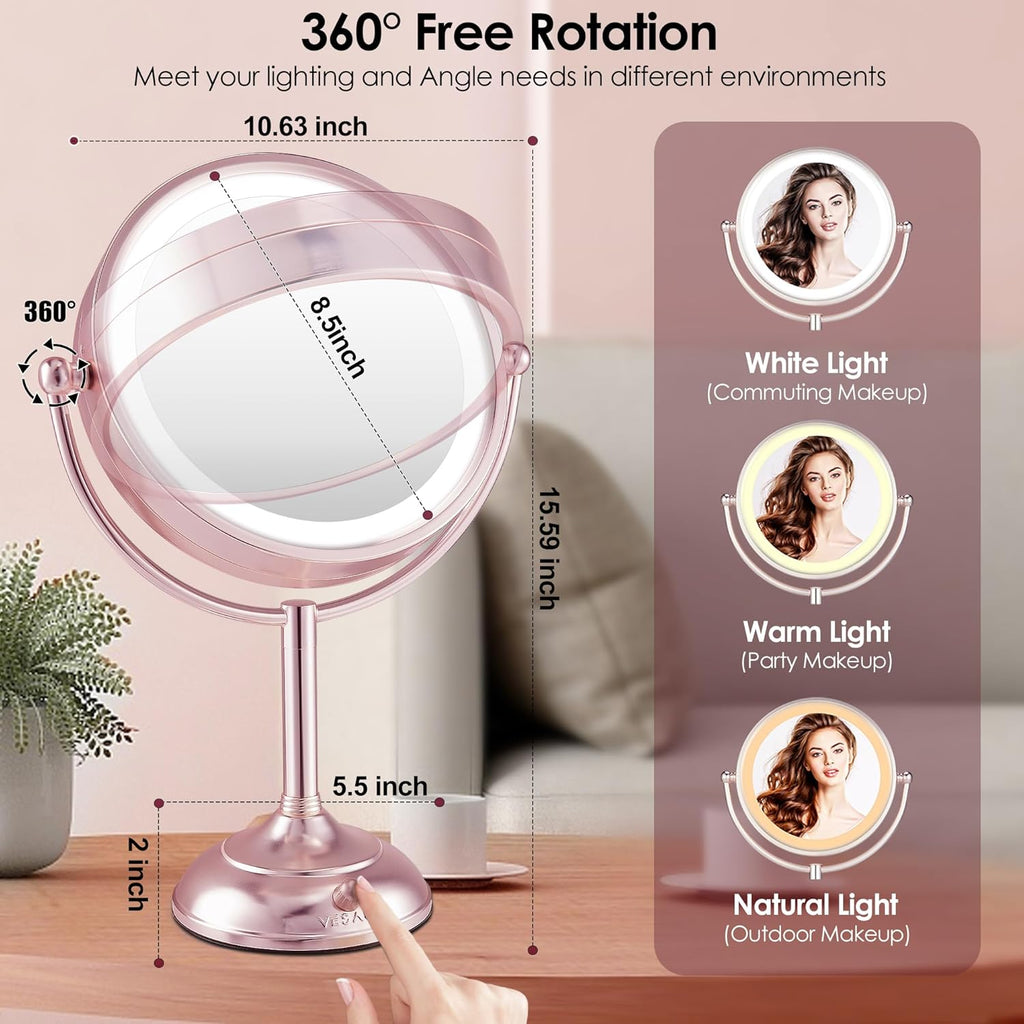 VESAUR Lighted Makeup Mirror Rose Gold Nickel, Double Sided 1X/10X HD Undistorted Magnifying Mirror, 8.5" Vanity Mirror with 3 Colors Dimmable 90 Bright LEDs, 360°Swivel Two Power Supply, Luxury Gifts