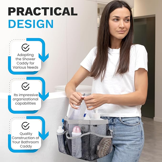 Handy Laundry Mesh Shower Caddy - 7 Pocket Portable Bathroom Organizer Tote for Travel, Gym & Dorm - Collapsible Small Shower Caddy Bag to Hold Toiletries & Essentials (Black)