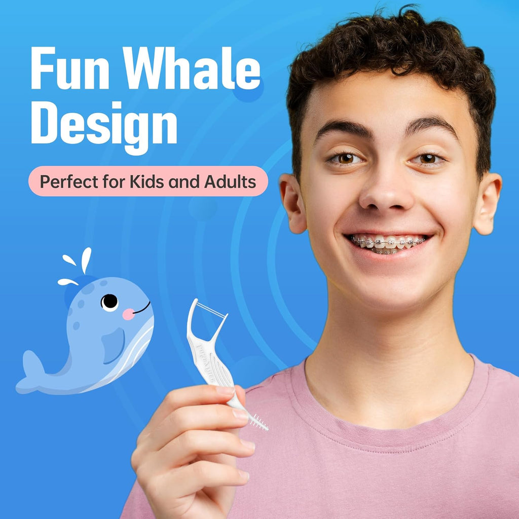 200 Count Twin-Line Braces Flossers, Orthodontic Flossers for Braces, Fits Under Arch Wire No Damage, Whale Wider Handle with Unique Finger Press, Ortho Dental Floss for Kids & Adults, Mint