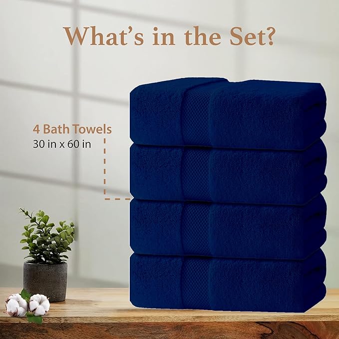 100% Cotton Bath Towels, Pack of 4 Towels for Bathroom, Luxury 700 GSM Bath Towel, Highly Absorbent Bathroom Towel Set, 30 x 60 Inches Large Bath Towels, Super Soft & Quick Dry Towel Set, Navy Blue