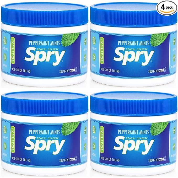 Spry Xylitol Peppermint Sugar Free Candy - Promote Oral Health, Increase Saliva Production, Stop Bad Breath, Non-GMO, Gluten-Free, 240 Count (Pack of 4)