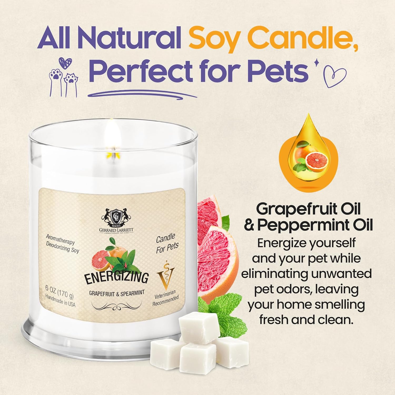 Pet Odor Eliminator Candle Grapefruit and Spearmint Scented Candle, Calming Candles Aromatherapy for Home Decor, Soy Wax Pet Candles Odor Eliminator for Animal Lover, Aromatherapy by Gerrard Larriett