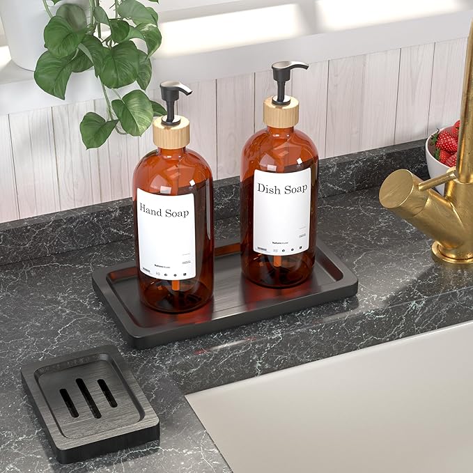 Black Bathroom Accessories Set 2 pcs - 9’’ Small Black Bamboo Tray for Bathroom, Wooden Bar Soap Holder for Shower, Kitchen Soap Dispenser Set for Sink, Kitchen Dish Tray Decor