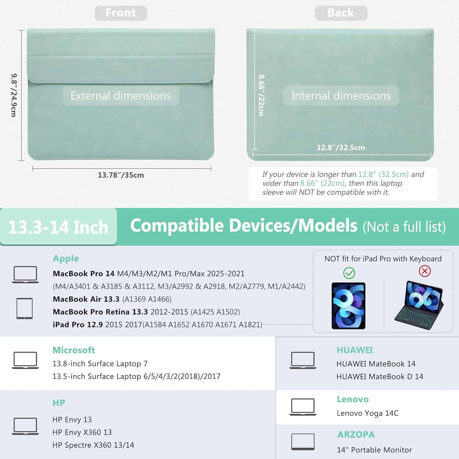HYZUO 13.3-14 Inch Laptop Sleeve Case with Stand Feature for MacBook Pro 14 M5/M4/M3/M2/M1 2026-2021, MacBook Pro/Air 13.3, 13" 13.5" 13.8" Surface Laptop, HP Spectre X360 13/14, Mint Green