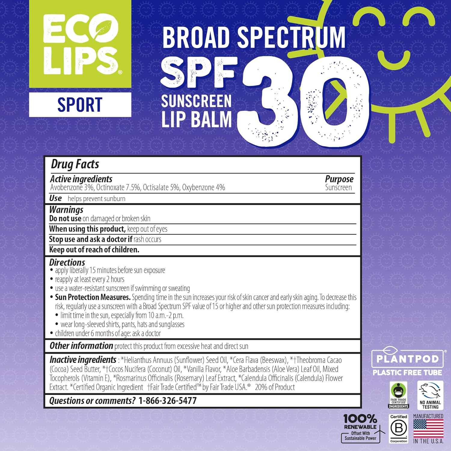 Eco Lips Classic Sport Broad Spectrum Sunscreen Lip Balm 6-Pack - Made in USA (Classic Vanilla SPF 30)