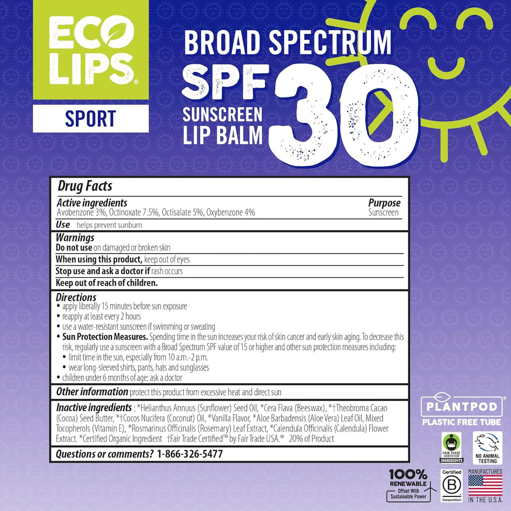 Eco Lips Classic Variety Broad Spectrum Sunscreen Lip Balm 6-Pack (Berry, Sport, Mint) - 100% Plastic-Free Plant Pod Packaging - Made in USA