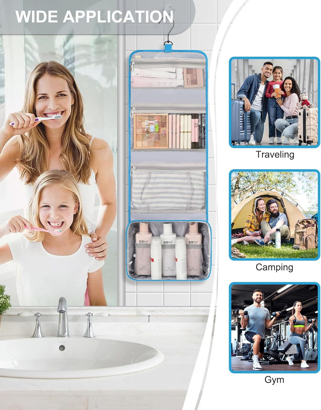 Relavel Travel Hanging Toiletry Bag for Women Men Large Capacity Makeup Bag Waterproof Cosmetic Storage Organizer Case for Bathroom Shower (Blue)