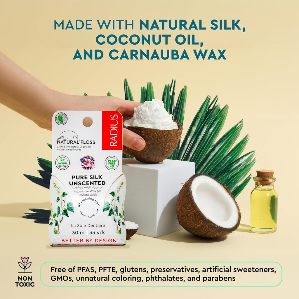 RADIUS Dental Floss, Natural Floss, Unscented Silk, 33 Yards, Compostable & Non-Toxic Oral Care Designed to Help Fight Plaque, Pack of 3