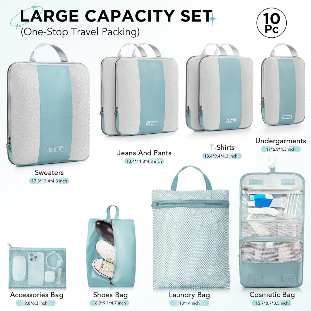 10 Set Compression Packing Cubes for Travel Essentials,Compressible Expandable Packing Cubes for Suitcase,OlarHike Luggage Organizer Bags for Travel,Handy Helper for Organizing Clothes(Blue Gray)