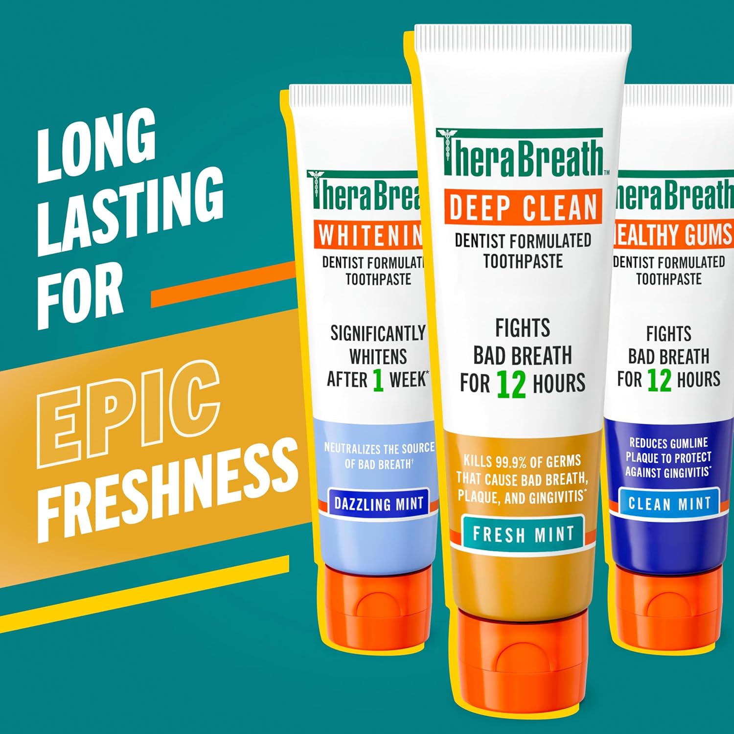 TheraBreath Deep Clean Toothpaste, Kills 99.9% of Germs That Cause Bad Breath, Gingivitis & Plaque (1), Gentle Teeth Whitening with Fluoride for Anticavity Protection, Fresh Mint, 4 Oz, 2-Pack