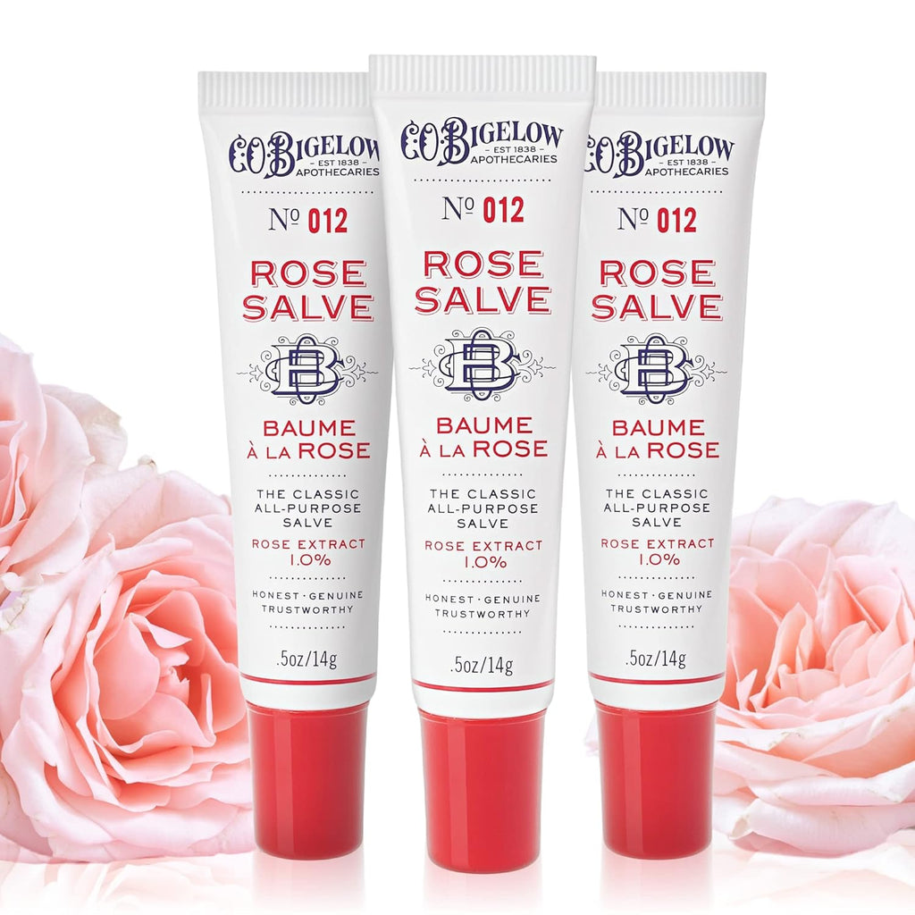 C.O. Bigelow Rose Salve Tubes, Pack of 3 Lip Balm Tubes, All Purpose Salve for Lips, Cuticles, Hands & Dry Skin, Lip Balm Set, 0.5 oz