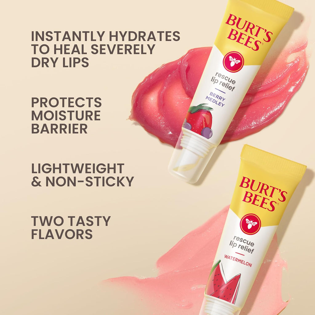 Burt's Bees Stocking Stuffers, Rescue Lip Relief, Watermelon & Berry Medley, Hydrating Lip Balm for Dry Cracked Lips, with Responsibily Sourced Beeswax, 100% Natural Origin, 2 Pack, 0.35oz