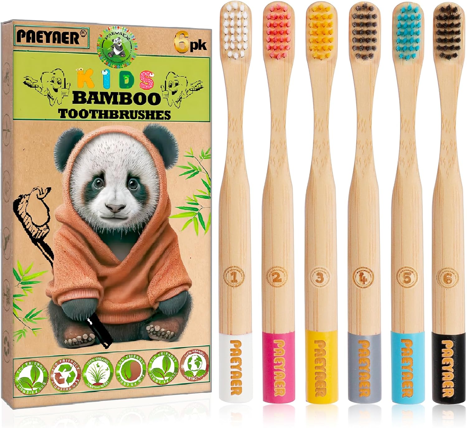 New Kids Bamboo Toothbrushes - 6 Pack, Organic Soft Bristle Toothbrush for Kids, Biodegradable Children's Toothbrushes (Toddler Toothbrush Ages 3-12, Multicolor)