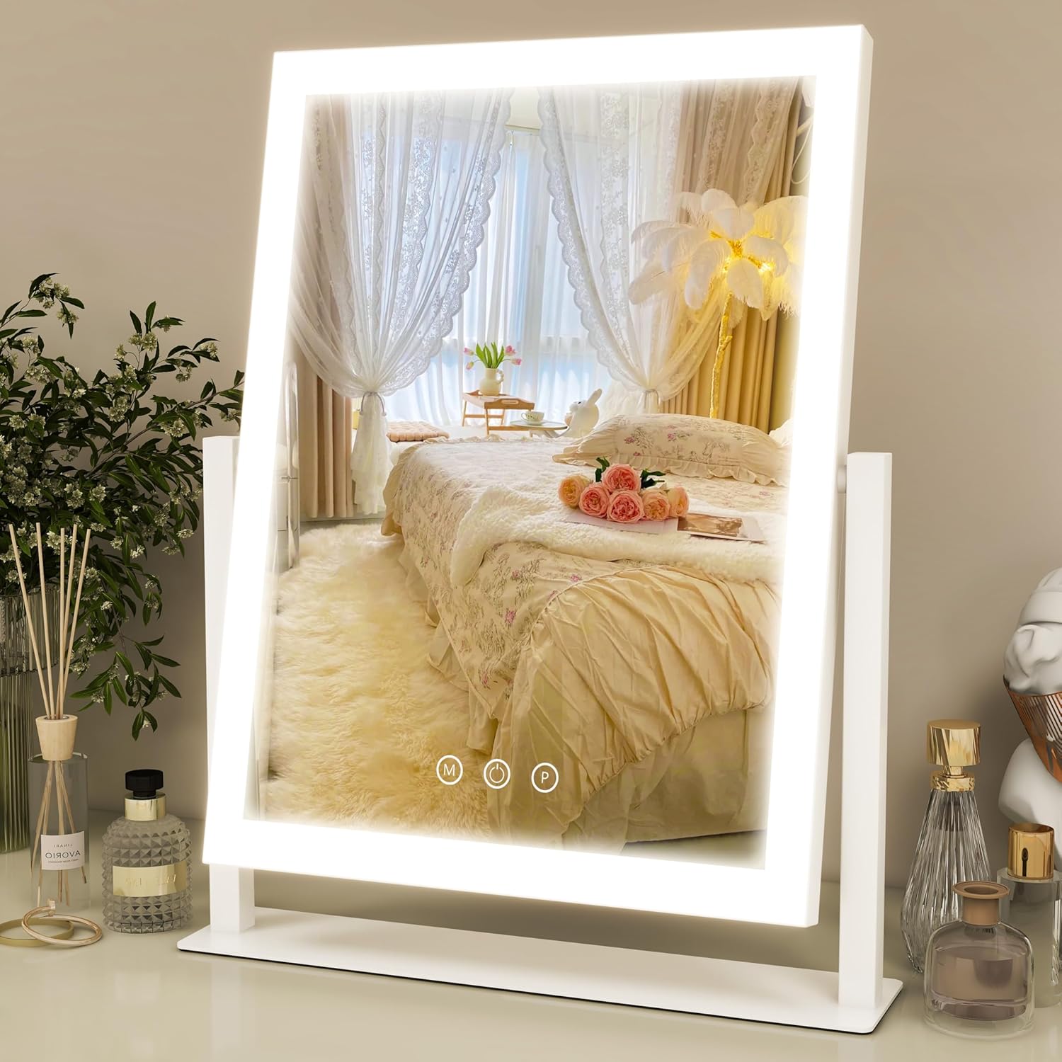 Vanity Mirror with Lights, Three Colors Lighting Mode, 360°Rotation, Lighted Makeup Mirror wih Stand for Desk, Bedroom, Dorm, 11x14.5 Inch