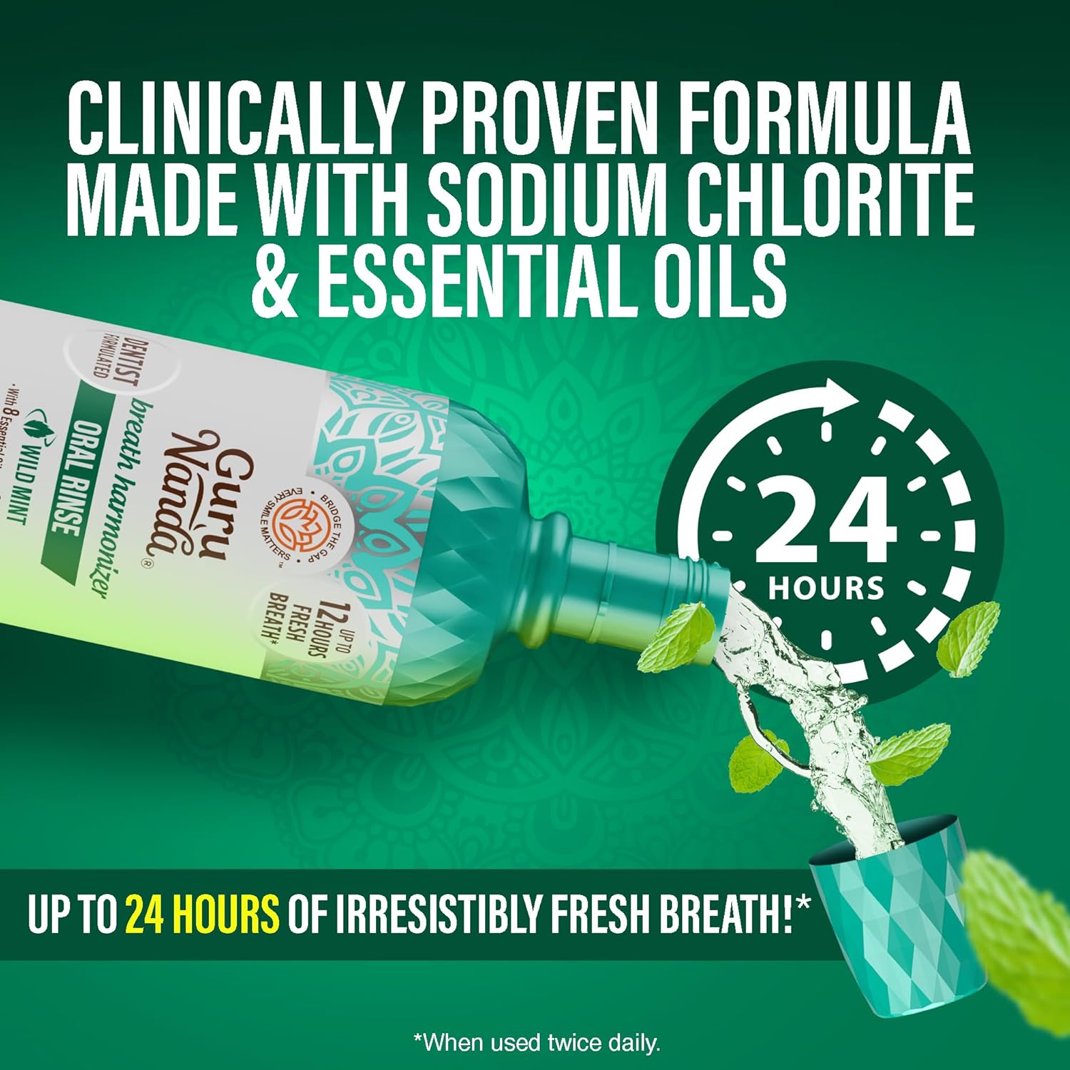 GuruNanda Fresh Breath Mouthwash, ADA-Accepted, Alcohol & Fluoride-Free, Sodium Chlorite, Essential Oils & Vitamins, 12-Hrs Fresh Breath, Wild Mint, 33.8 oz