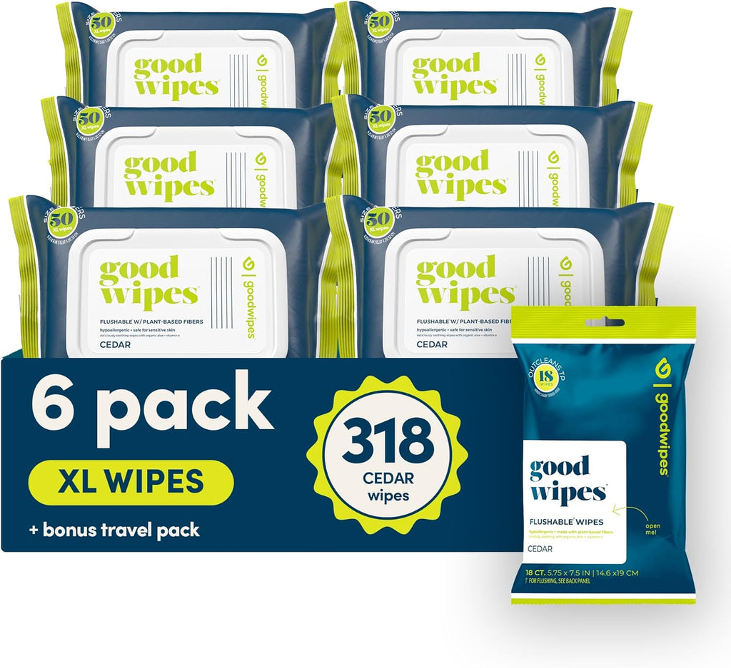goodwipes Flushable Butt Wipes - Vitamin E & Aloe - Sewer & Septic Safe - Extra Large Adult Wet Wipes For Women & Men - Bathroom Essentials - Cedar, 318 Count (6 Packs + 1 Travel)