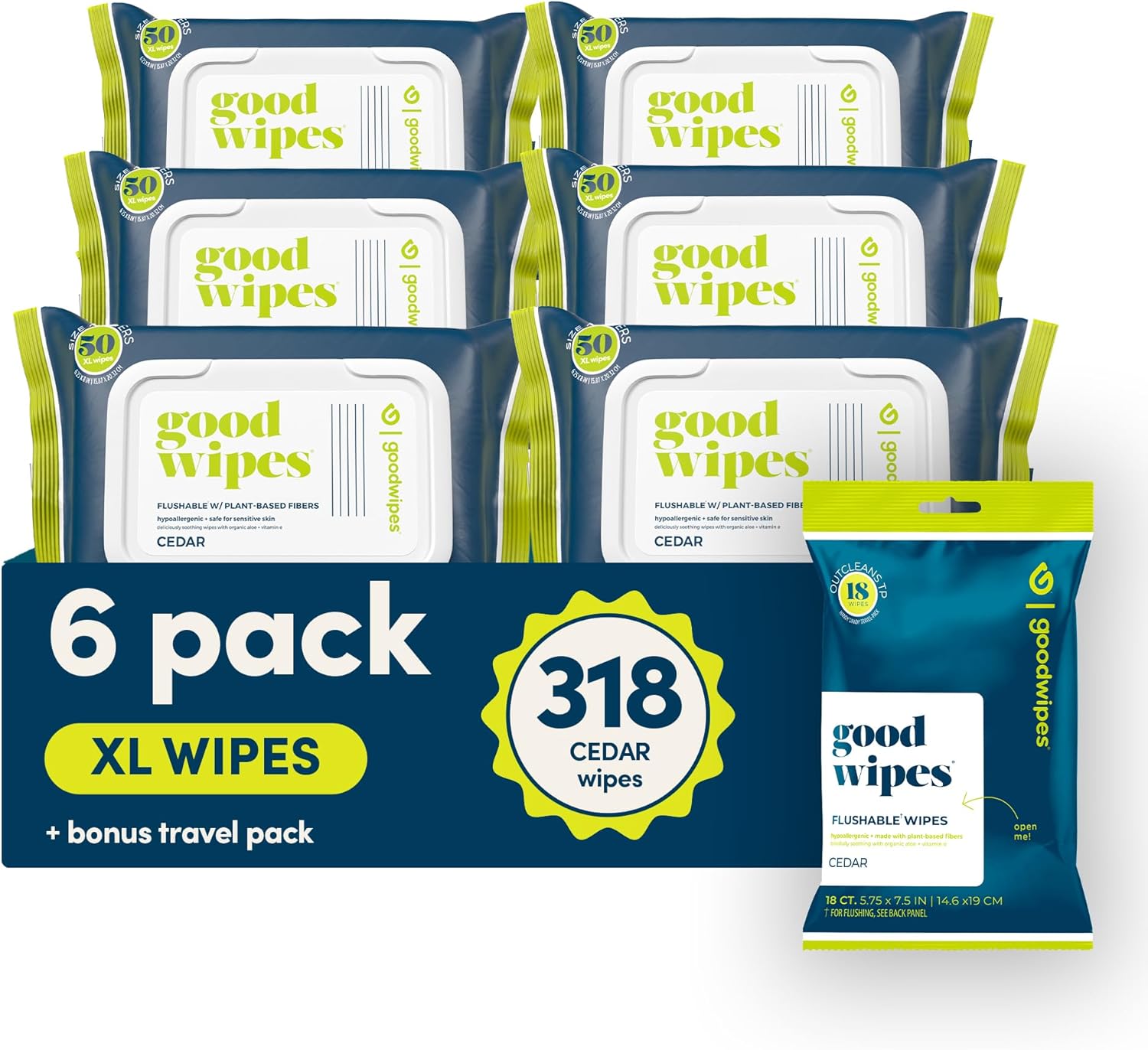 goodwipes Flushable Butt Wipes - Vitamin E & Aloe - Sewer & Septic Safe - Extra Large Adult Wet Wipes For Women & Men - Bathroom Essentials - Cedar, 318 Count (6 Packs + 1 Travel)
