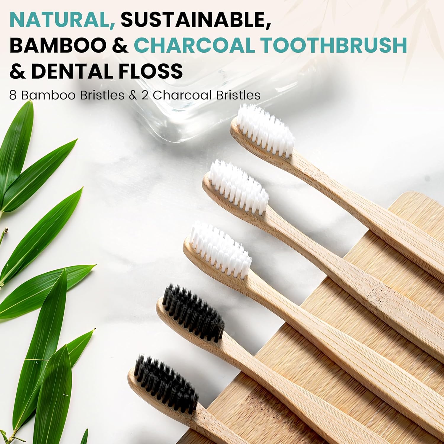 Bamboo Toothbrushes Set – 10-Pack (8 Standard + 2 Charcoal Bristle) – 2 Dental Floss as a Bonus - Eco-Friendly, Biodegradable Soft Bristle Toothbrush, Wooden Toothbrush for Adults & Kids