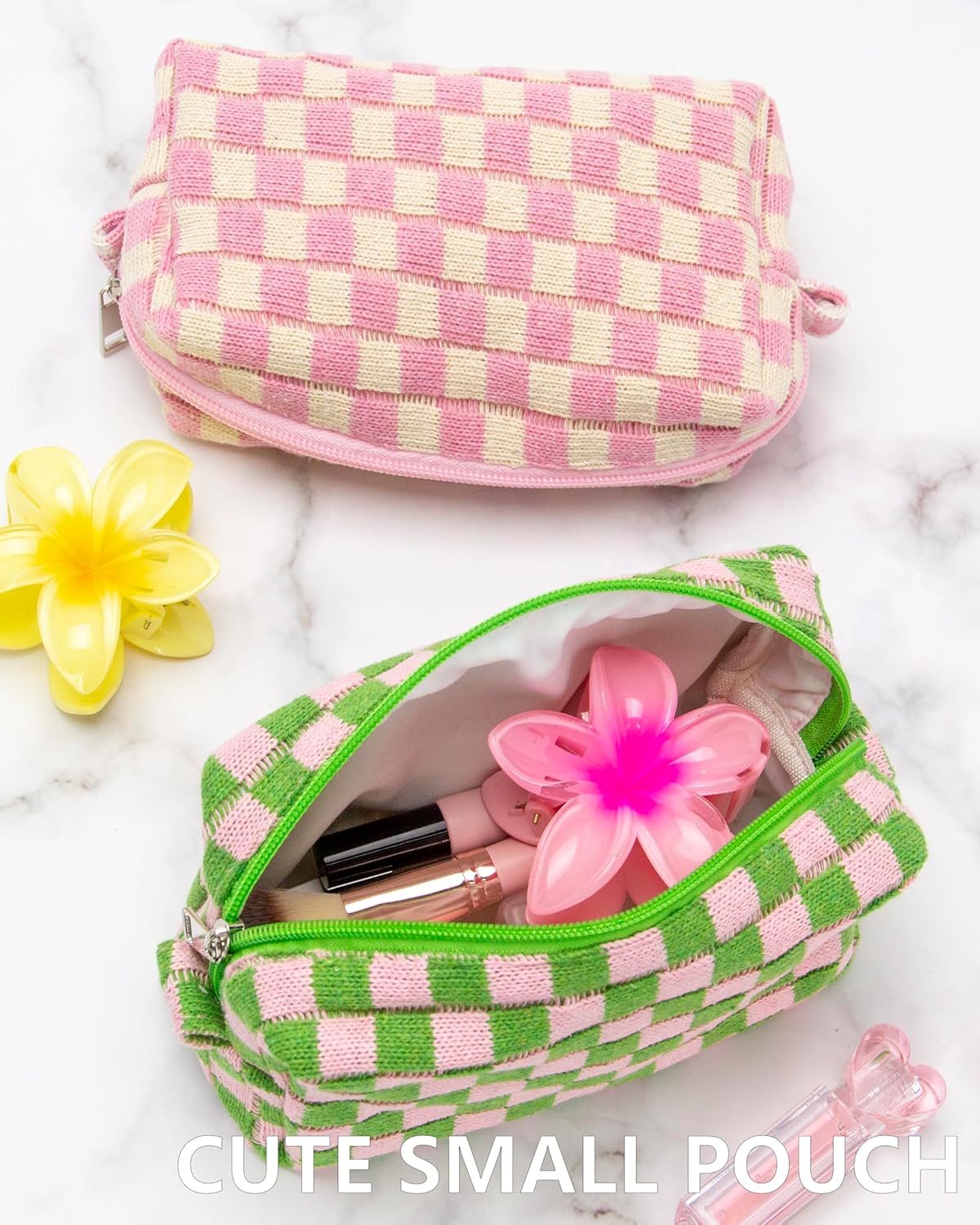 PAZIMIIK 6PCS Checkered Makeup Bag for Purse Portable Zipper Make Up Pouch Small Cosmetic Case for Travel Accessories Pink Green
