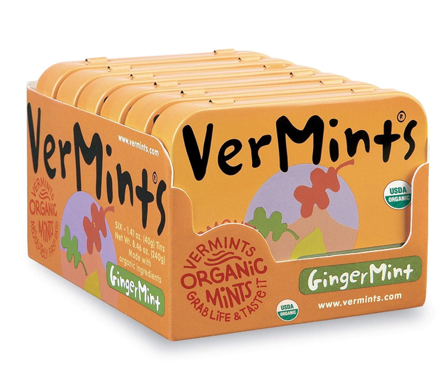 VerMints Organic Breath Mints GingerMint - Real Ginger Flavored Candies - Travel Size Tin - Non-GMO, Nut Free, Gluten Free, Vegan, Kosher Organic Candy Mints - 1.41oz Tins (Pack of 6)