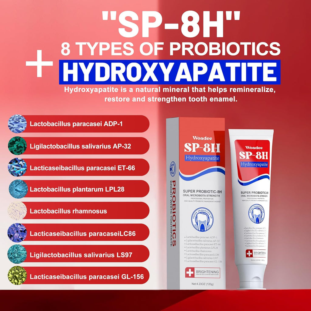 SP-8 Hydroxyapatite Probiotic Whitening Toothpaste, 8 Probiotics Plus Hydroxyapatite Formula for Teeth Whitening, Strengthening and Enamel Protection，Mint Flavor, Fresh Breath, Fluoride-Free (2)