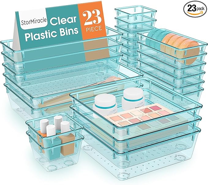 23 PCS Drawer Organizer Set, 5 Varied Size Bathroom and kitchen Drawer cabinet organizer Trays, Clear Storage Bins for Makeup, Jewelry, Utensils and Gadgets
