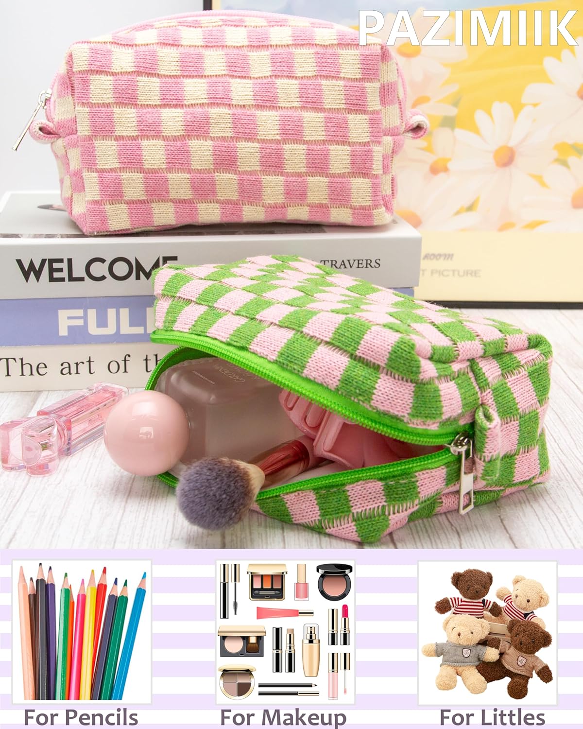 PAZIMIIK 6PCS Checkered Makeup Bag for Purse Portable Zipper Make Up Pouch Small Cosmetic Case for Travel Accessories Pink Green