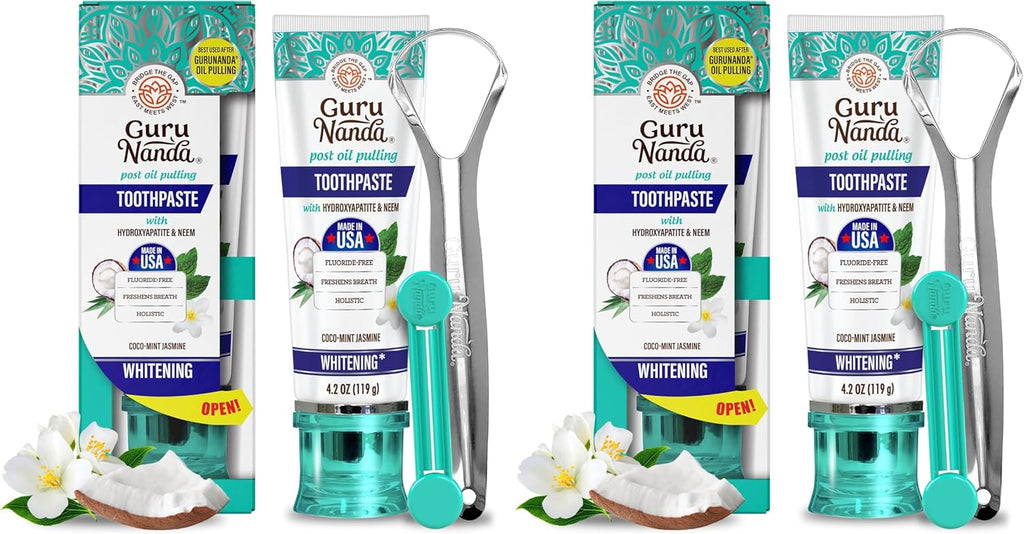 GuruNanda Hydroxyapatite Toothpaste, SLS & Fluoride Free, Whitening Toothpaste - Freshens Breath, Fights Plaque - Natural CocoMint Jasmine Neem, 4.2oz (Pack of 2)