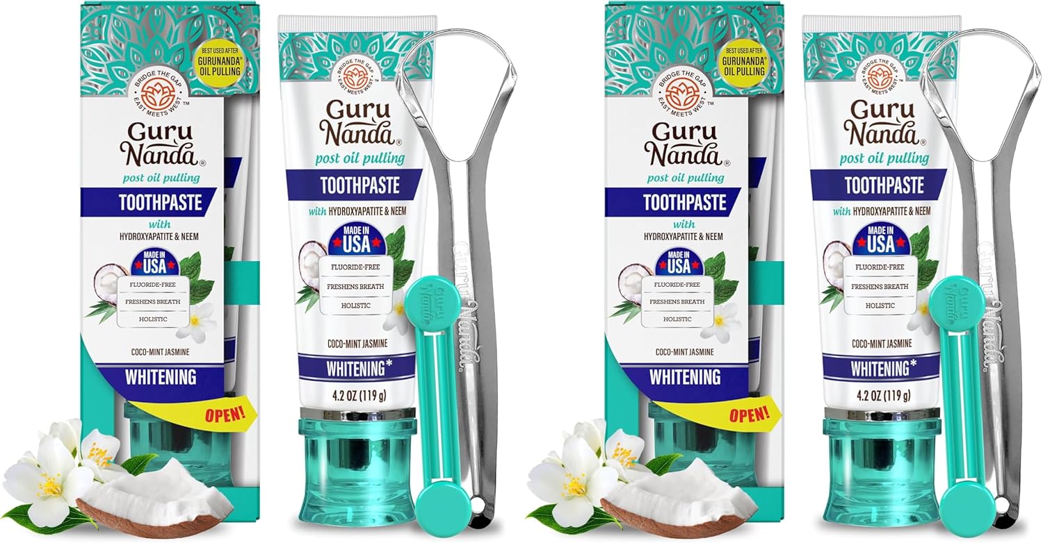 GuruNanda Hydroxyapatite Toothpaste, SLS & Fluoride Free, Whitening Toothpaste - Freshens Breath, Fights Plaque - Natural CocoMint Jasmine Neem, 4.2oz (Pack of 2)