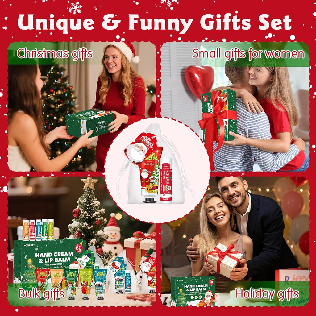 60 Pack Christmas Hand Cream and Lip Balm Set, Stocking Stuffers for Women, Bulk Hand Lotion for Christmas Gifts, Christmas Party Favors, Party Supplies and Christmas Decorations