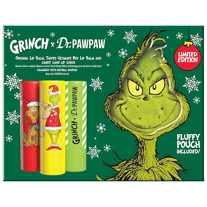 Dr. PawPaw The Grinch Set - Original, Ultimate Red, Candy Cane - Lip Scrub and Natural Lip Balm - Gluten Free Care to Exfoliate and Moisturize - 3 pc