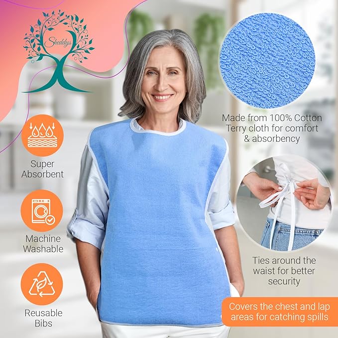 3 Pack Crumb Catcher Adult Bibs for Women, Comfortable Terry Cloth & Polyester bibs for Seniors, Waterproof Adult bibs for Men, Clothing Protectors for Seniors