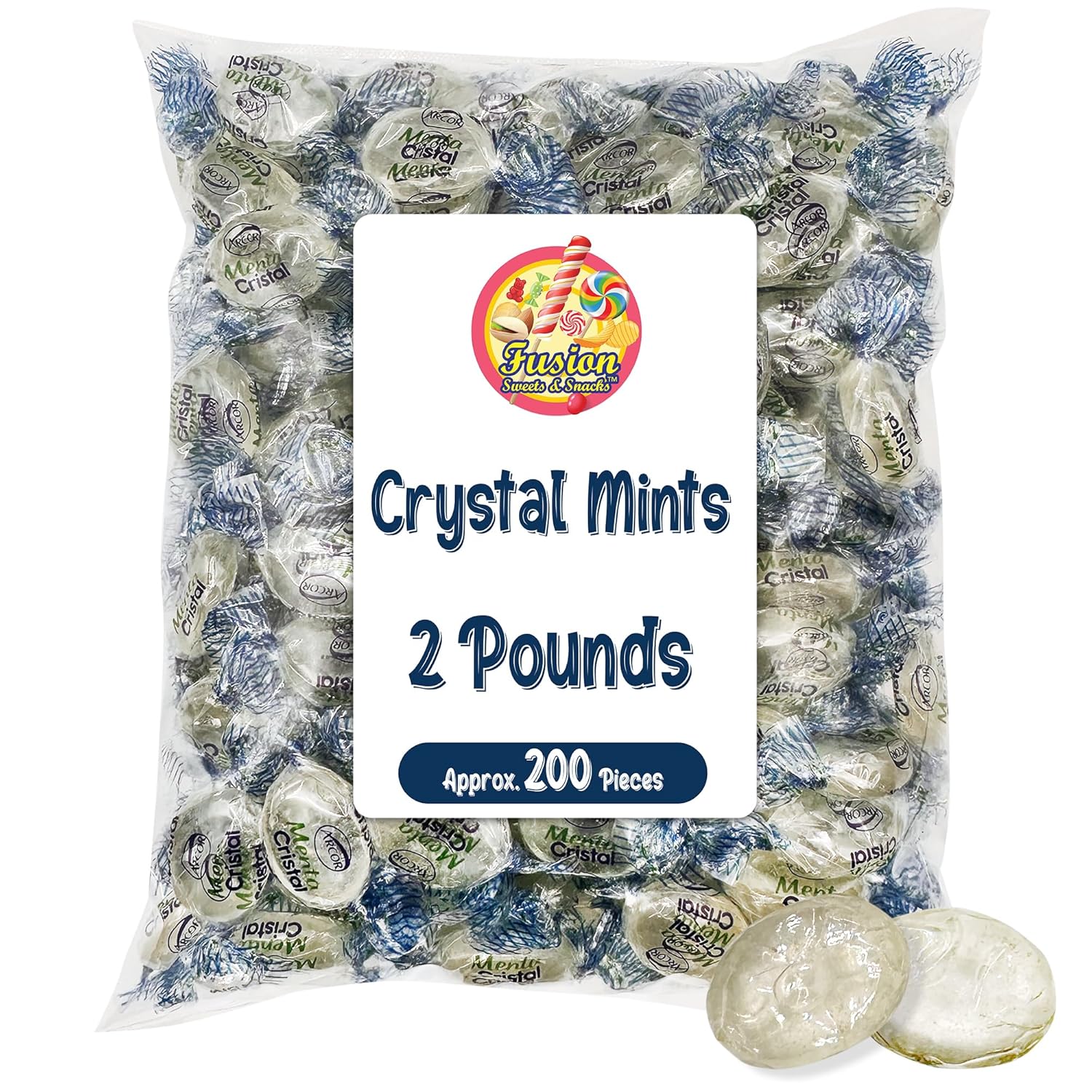 Crystal Candy Hard Mints - 2 Pounds (Approx. 200 Pieces) Arcor Blue Crystal Mint Candy Individually Wrapped, Breath Mints Bulk, After Dinner Mint, Bulk Candy