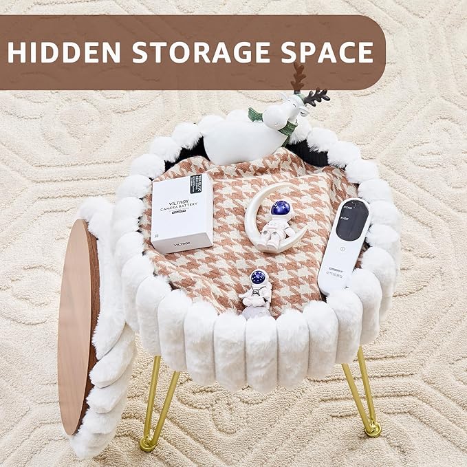 Wimarsbon Vanity Stool with Storage, Faux Fur Ottoman Chair with Metal Legs, Round Makeup Vanity Chair for Bedroom or Dressing Table, Modern Small Ottoman Seat (White)