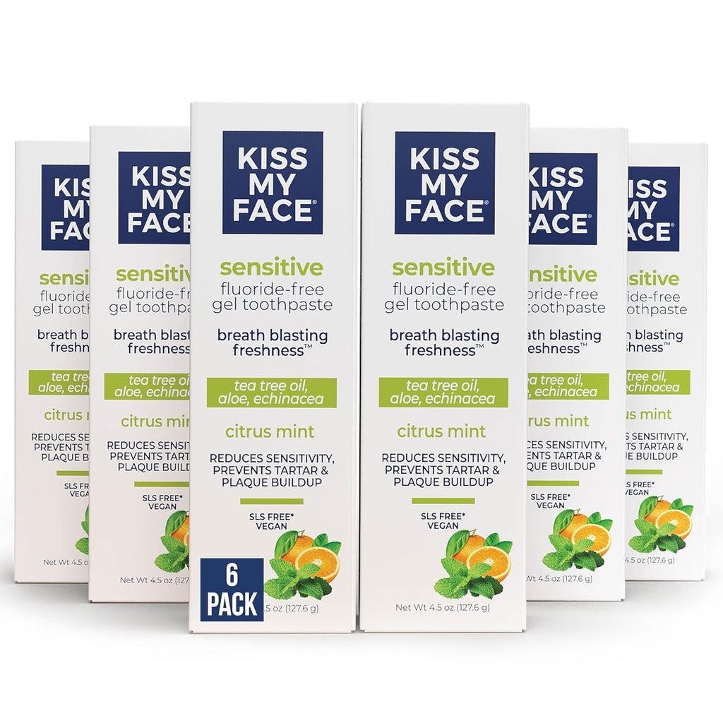 Kiss My Face Sensitive Toothpaste Gel, Citrus Mint Gel, Protection for Sensitive Teeth and Gums, with Tea Tree Oil, Aloe and Iceland Moss, Fluoride Free, Vegan, 4.5 oz, 6 Pack