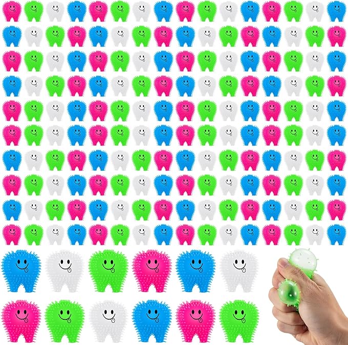 100 Pcs Mini Tooth Toys Fidget Stress Relief Puffer Squeezy Dental Dentist Toys Birthday Party Gifts School Office Prizes, 2 Inch (Multicolored)