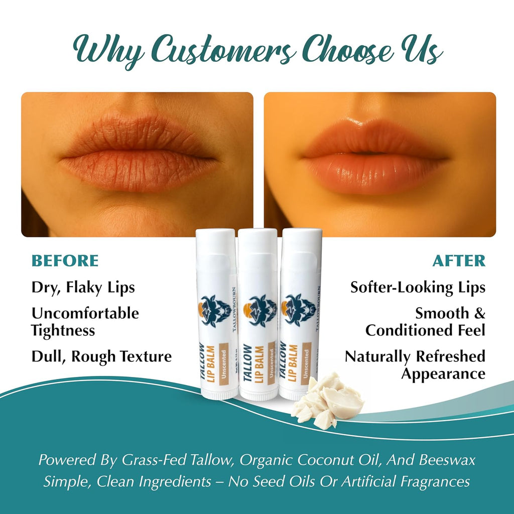 Moisturizing Tallow Lip Balm – Grass-Fed Beef Tallow with Organic Coconut Oil, Beeswax, and Vitamin E – Unscented Lip Balm Set – Travel Essential - 3-Pack